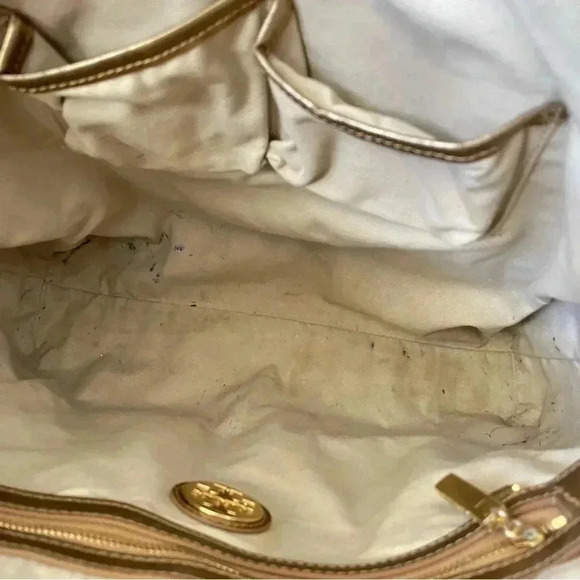 Tory Burch Robinson Gold Metallic Saffiano Mirror Tote Purse - Picture 9 of 15